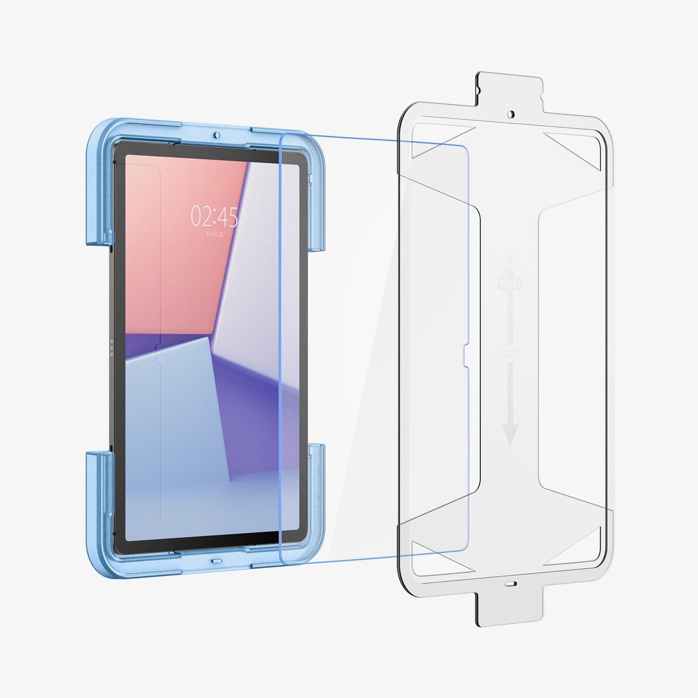 AGL06999 - Galaxy Tab S9+Screen Protector EZ Fit GLAS.tR showing the ez fit tray hovering in front of device