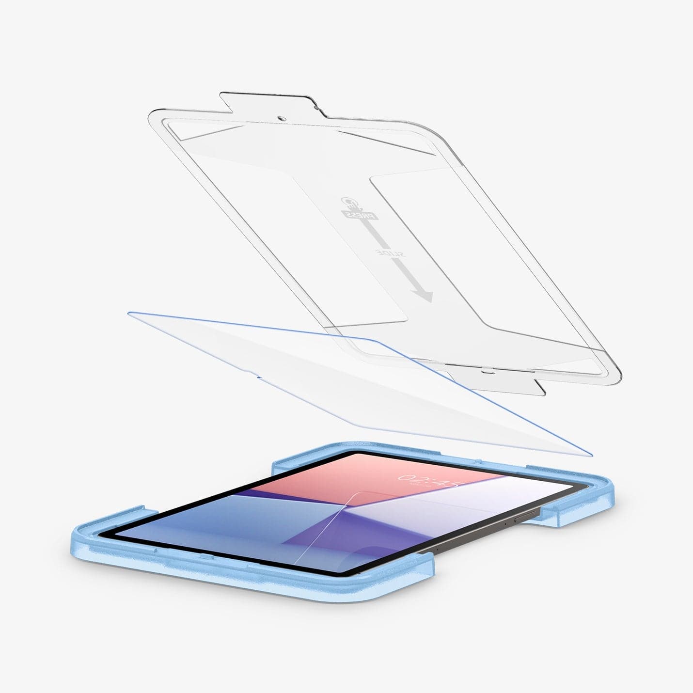 AGL06999 - Galaxy Tab S9+ Screen Protector EZ Fit GLAS.tR showing the ez fit tray and screen protector being installed onto device