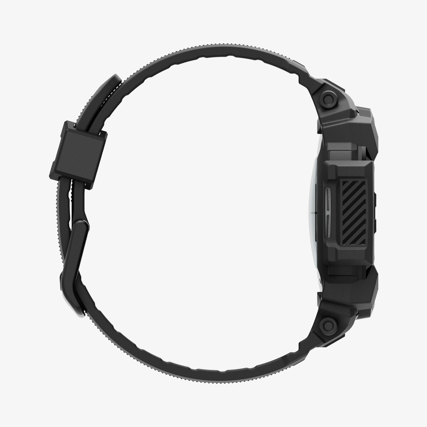 ACS08336 - Galaxy Watch 7 (40mm) Rugged Armor Pro in Matte Black showing the back, detached hovering under the watch band showing inner side and bottom
