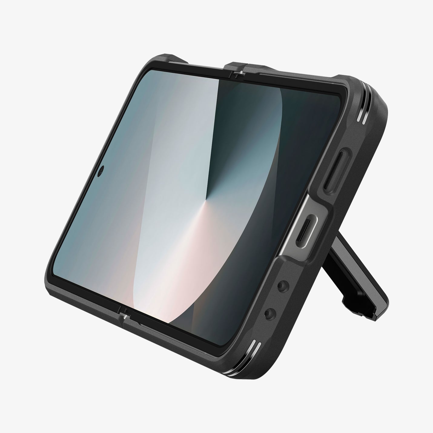 ACS09807 - Galaxy Z Flip 6 Series Tough Armor Pro (MagFit) in black showing the front and bottom with devices propped up by built in kickstand