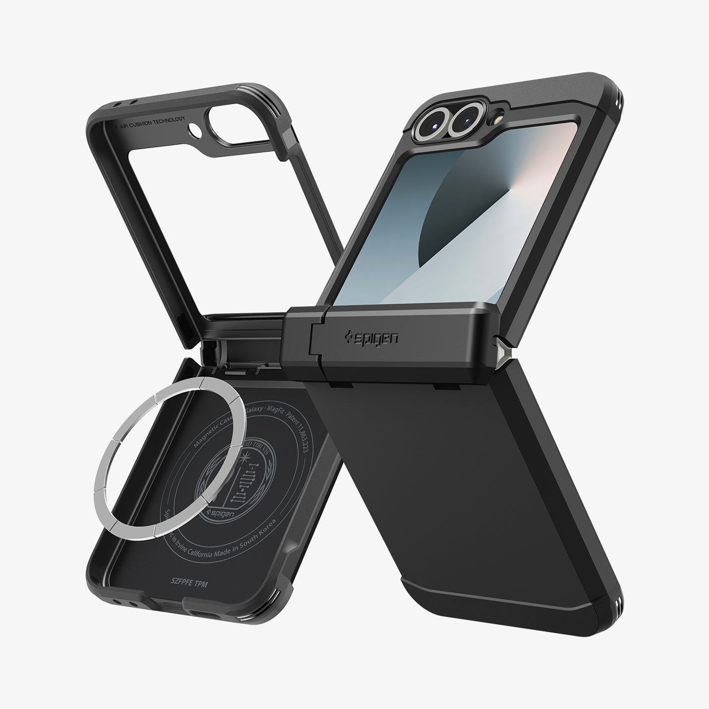 ACS09807 - Galaxy Z Flip 6 Series Tough Armor Pro (MagFit) in black showing the back, side and inside of two devices