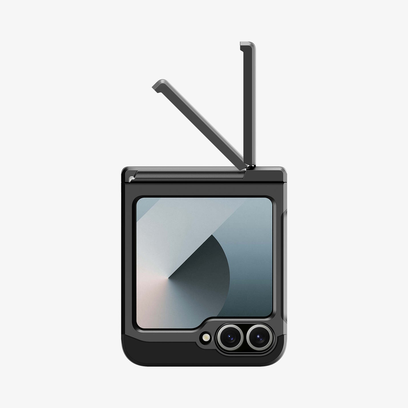 ACS09807 - Galaxy Z Flip 6 Series Tough Armor Pro (MagFit) in black showing the back screen with device folded and built in kickstand extended out