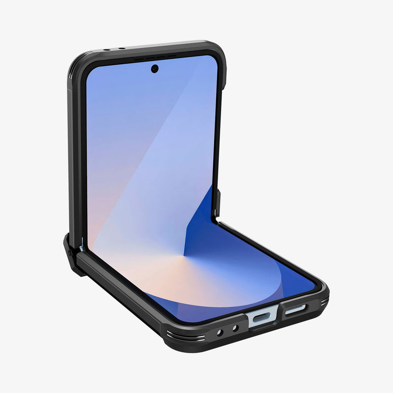 ACS09807 - Galaxy Z Flip 6 Series Tough Armor Pro (MagFit) in black showing the front, side and bottom with device half open