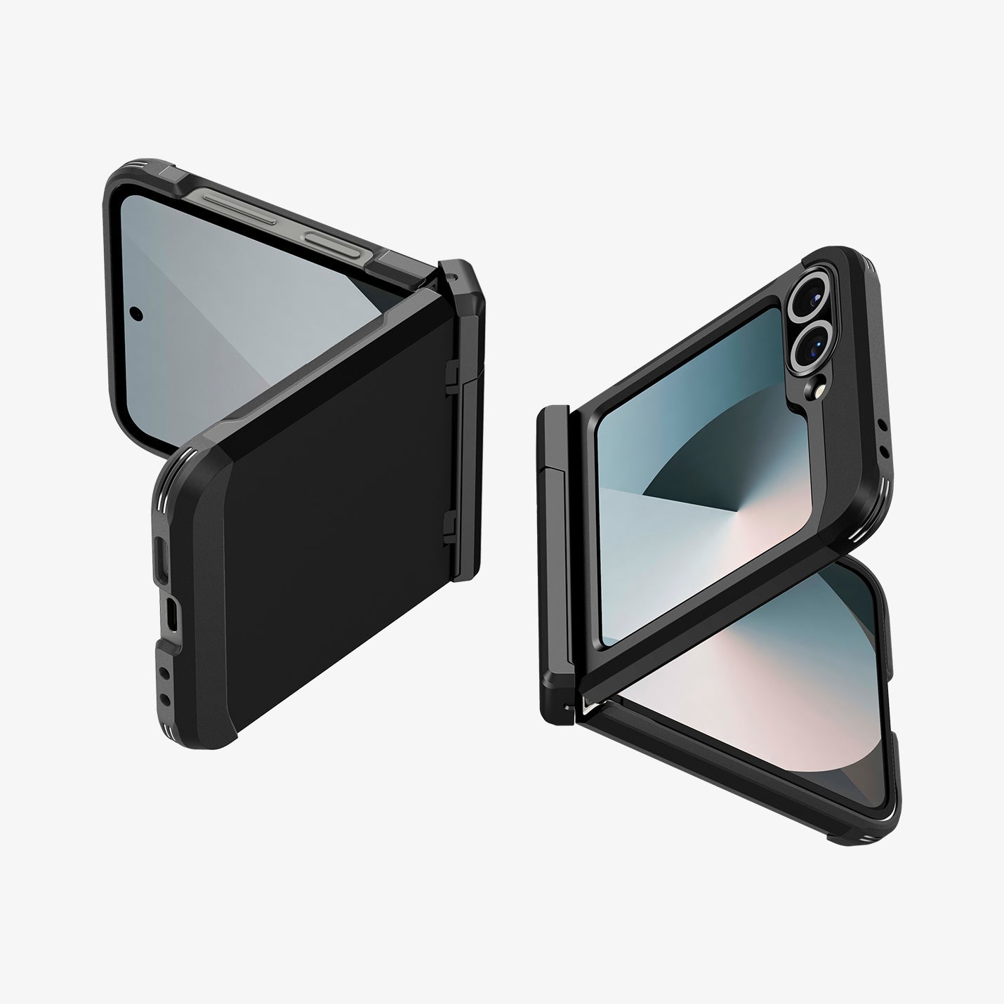 ACS09807 - Galaxy Z Flip 6 Series Tough Armor Pro (MagFit) in black showing the back, partial front of two devices partially folded