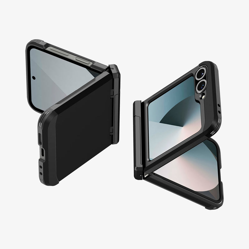 ACS09807 - Galaxy Z Flip 6 Series Tough Armor Pro (MagFit) in black showing the back, partial front of two devices partially folded