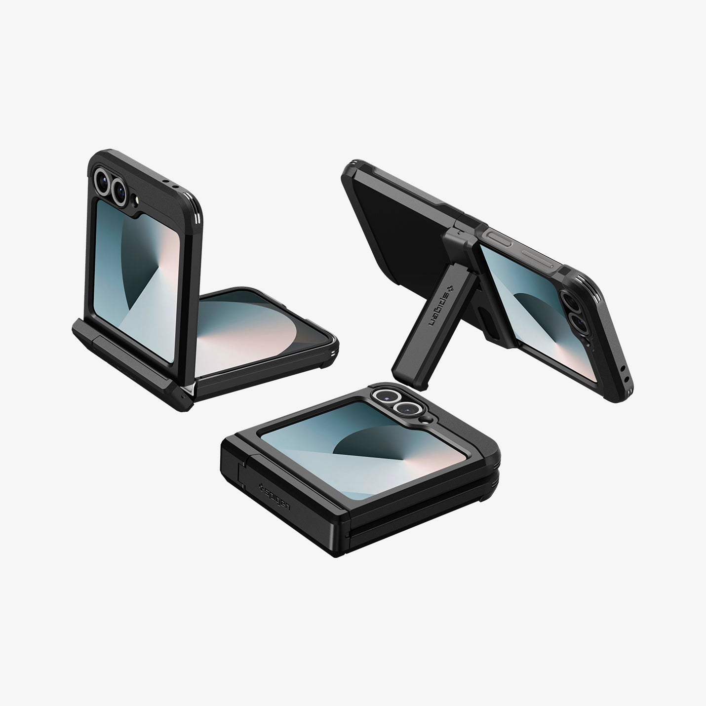 ACS09807 - Galaxy Z Flip 6 Series Tough Armor Pro (MagFit) in black showing the back half folded, back folded, front full open and partial sides of 3 devices