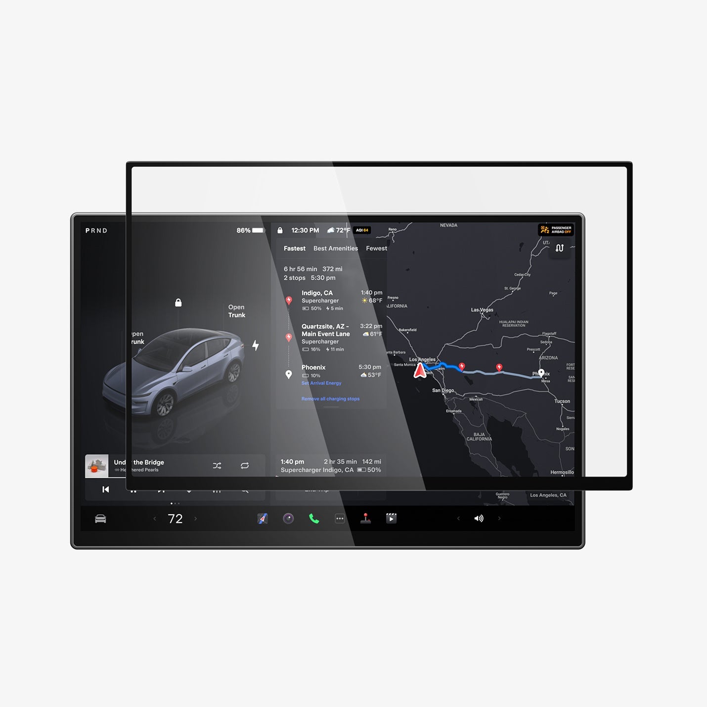 AGL10820 - Model Y Juniper (2025+) Screen Protector GLAS.tR EZ Fit | 16 inch showing the screen protector hovering in front of the screen monitor