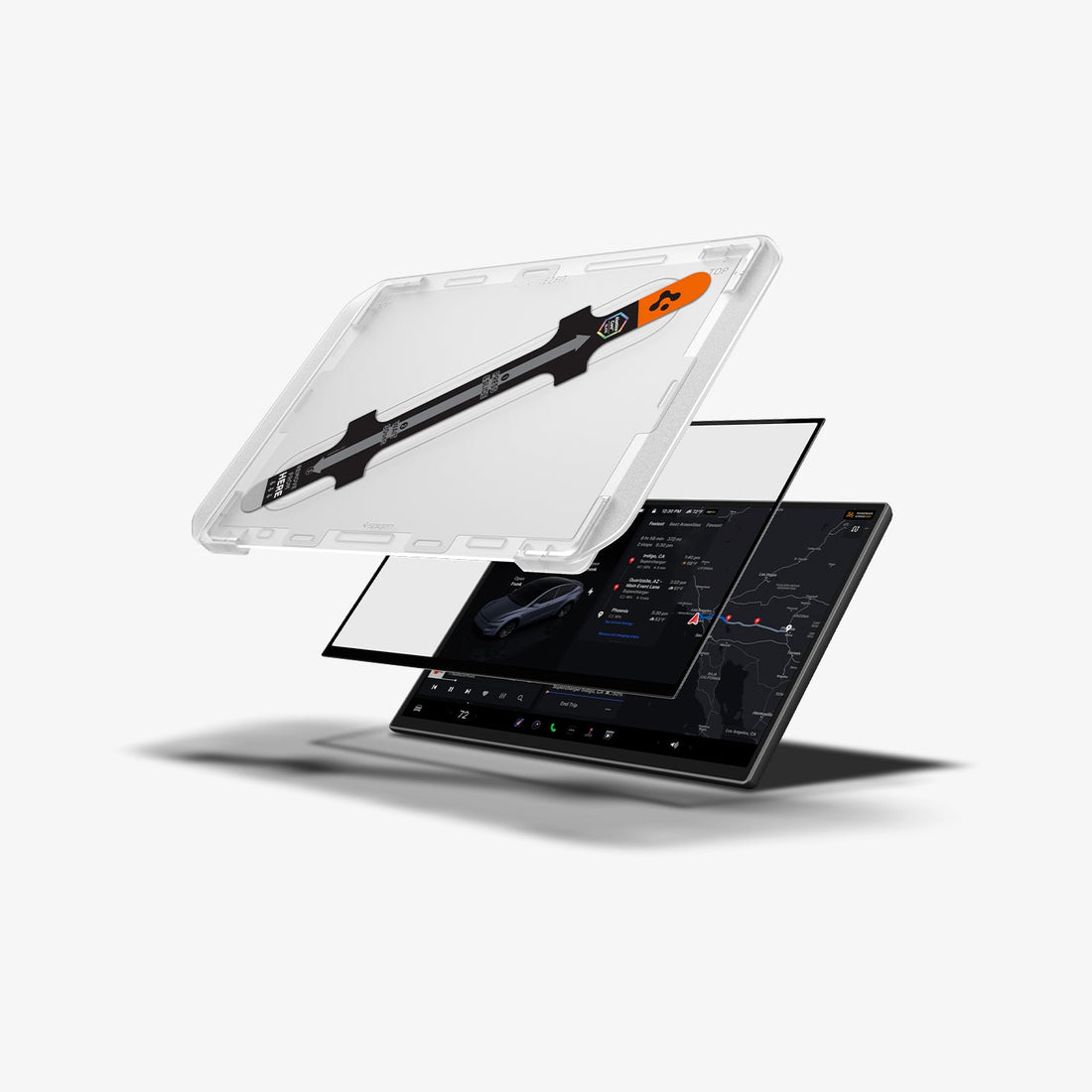 AGL10820 - Model Y Juniper (2025+) Screen Protector GLAS.tR EZ Fit | 16 inch showing the installation tray hovering above the screen protector and the vehicle monitor screen