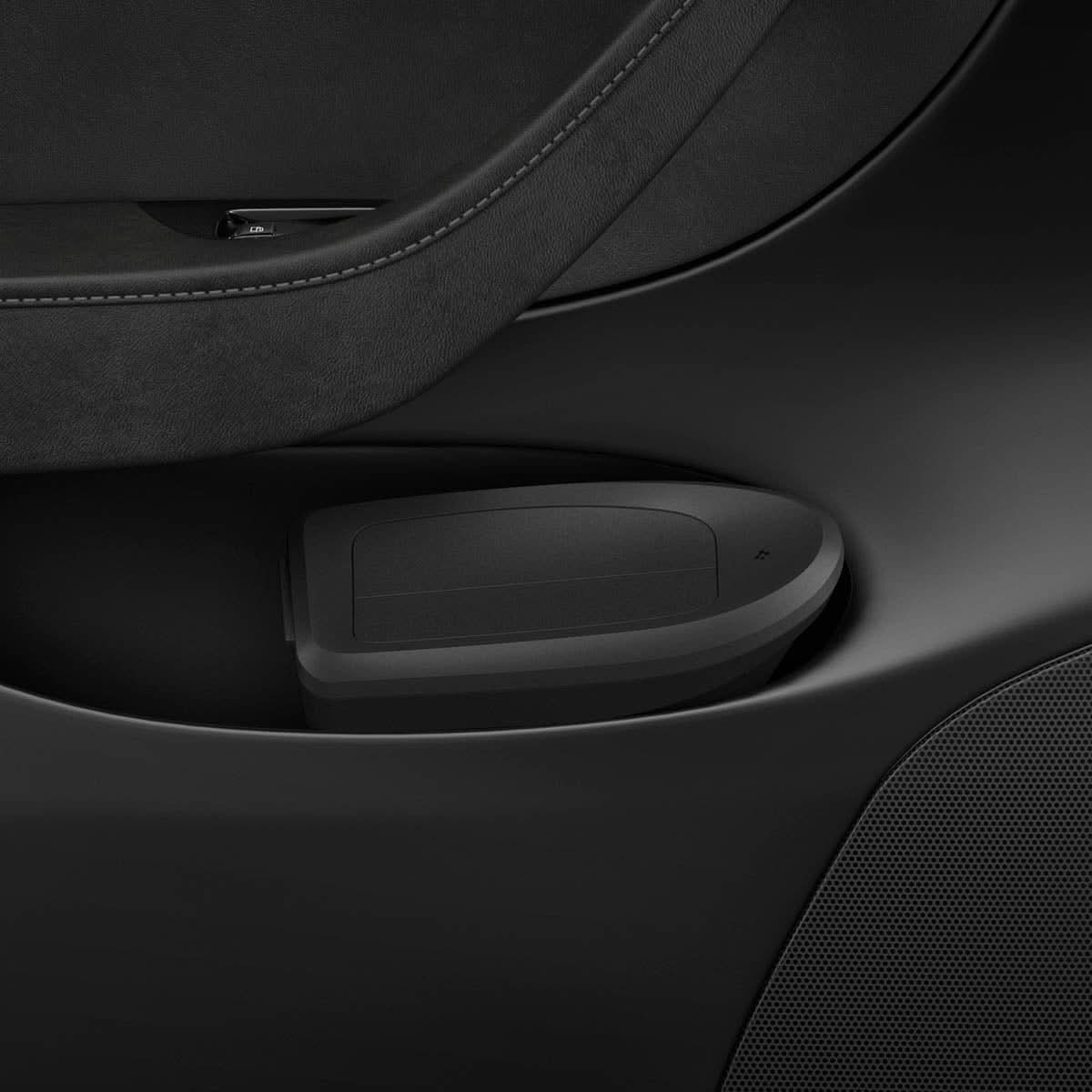 ACP09183 ??Tesla Model Y Car Trash Bin in black showing installed inside of car