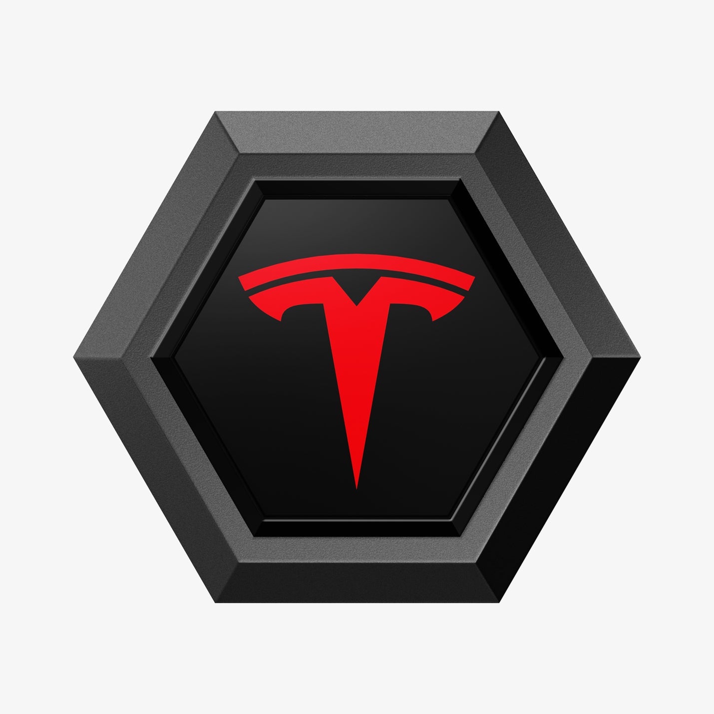 ACP11371 - Universal Tire Valve Stem Cap | VS100TS/R in Red showing a close-up of the black hexagonal cap top with glossy inlay and bold red Tesla logo.