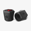 ACP11371 - Universal Tire Valve Stem Cap | VS100TS/R in Red showing two matte black hexagonal caps with one displaying the red Tesla logo top and the other revealing internal threading.