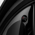 ACP11370 - Universal Tire Valve Stem Cap | VS100TS/R in silver installed on a wheel, featuring a hexagonal cap with a red Tesla logo accent.