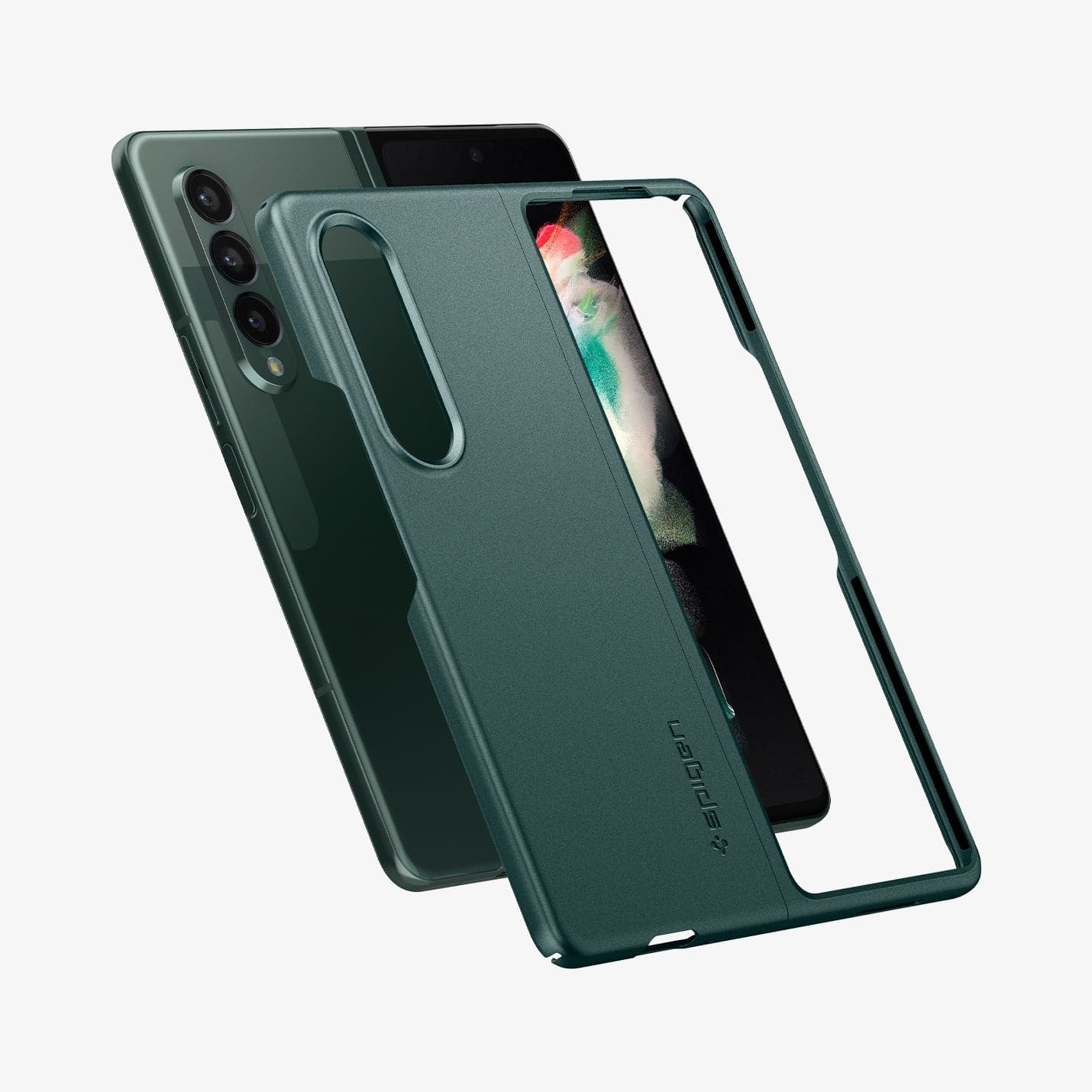 ACS03093 - Galaxy Z Fold 3 Case AirSkin in phantom green showing the back and front with case hovering in front of device