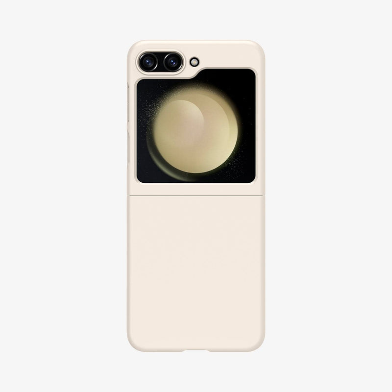 ACS06231 - Galaxy Z Flip 5 Case AirSkin in pearled ivory showing the back with phone fully open