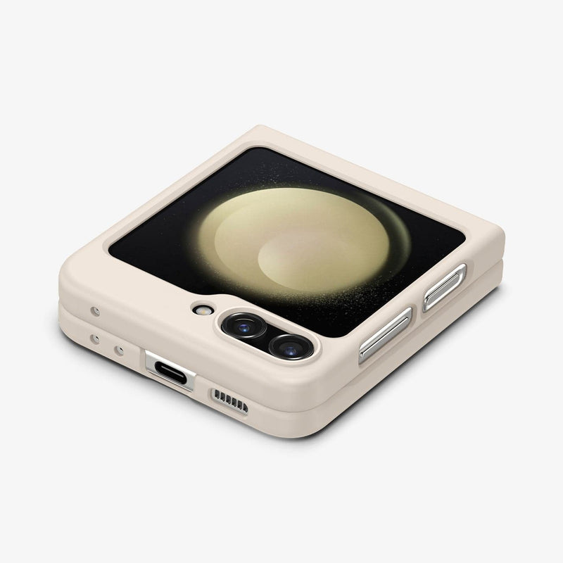 ACS06231 - Galaxy Z Flip 5 Case AirSkin in pearled ivory showing the back, side and bottom folded