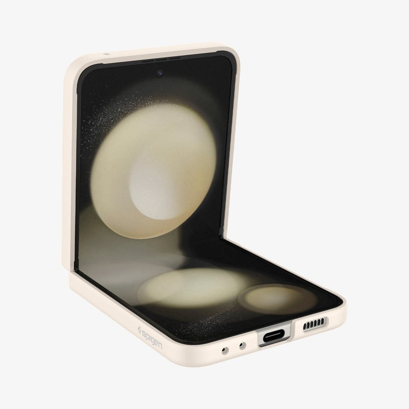 ACS06231 - Galaxy Z Flip 5 Case AirSkin in pearled ivory showing the front and side with device half open