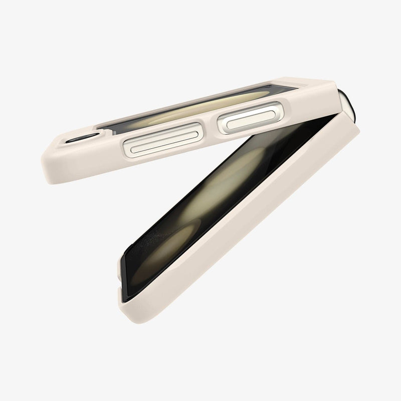 ACS06231 - Galaxy Z Flip 5 Case AirSkin in pearled ivory showing the side and partial inside with device slightly open