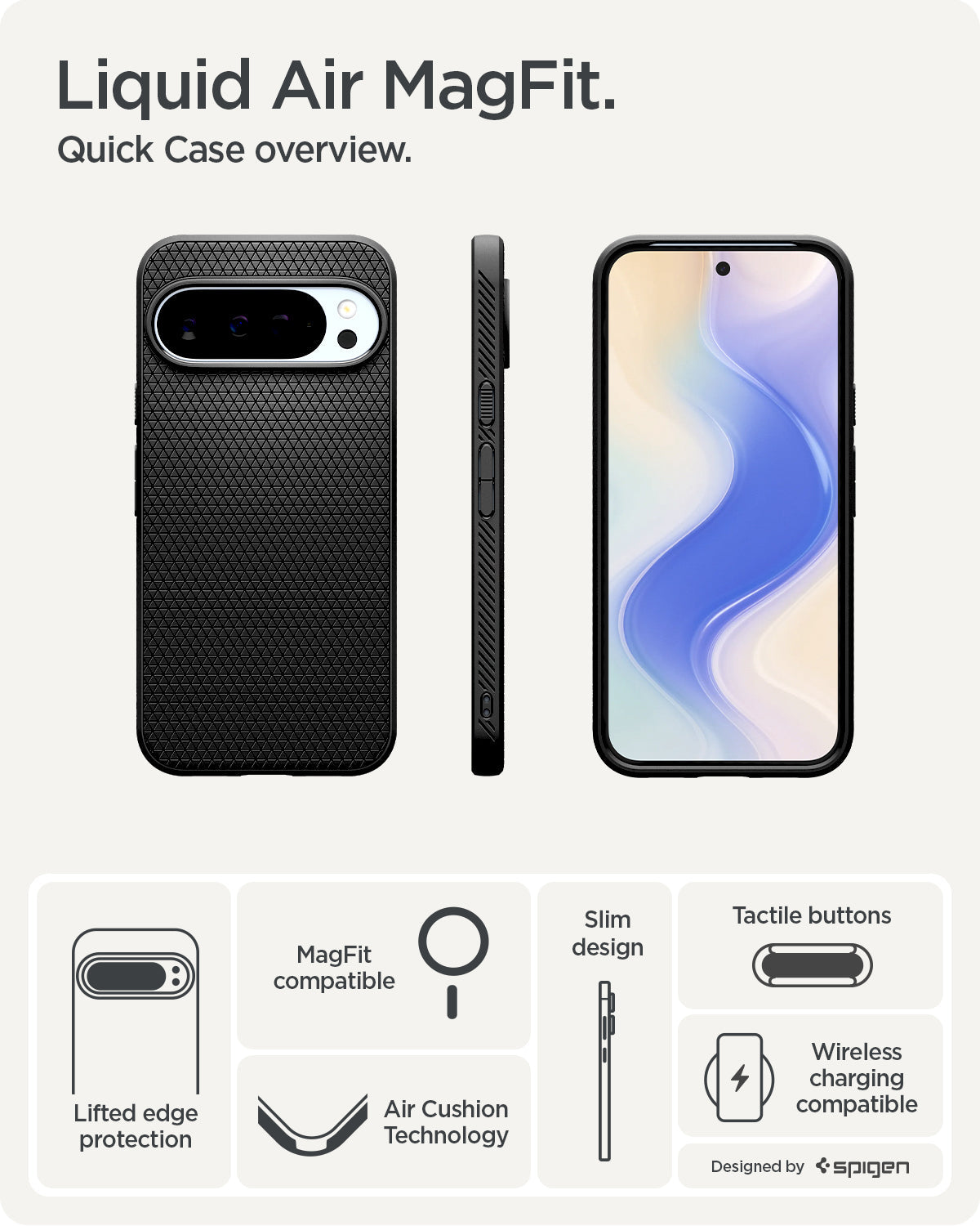 ACS09718 - Pixel 10 Pro XL Case Liquid Air (MagFit) in matte black showing the quick case overview. Lifted edge protection, MagFit compatible, Aircushion technology, slim design, tactile buttons and wireless charging compatible