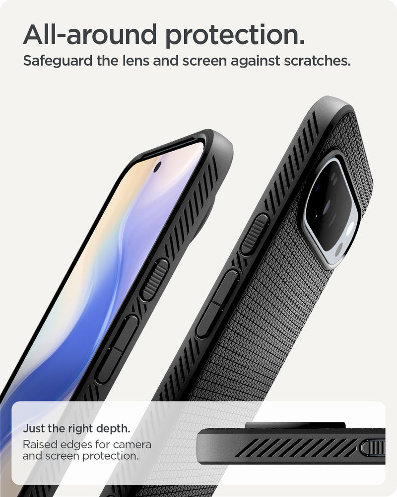ACS09718 - Pixel 10 Pro XL Case Liquid Air (MagFit) in matte black showing the all around protection. Safeguard the lens and screen against scratches. Just the right depth of raised edges for camera and screen protection