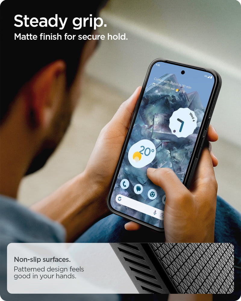 ACS09718 - Pixel 10 Pro XL Case Liquid Air (MagFit) in matte black showing the steady grip. Matte finish for secure hold. Non-slip surfaces. Patterned design feels good in your hands.