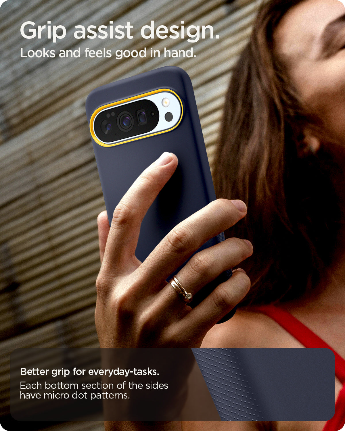 ACS09734 - Pixel 10 Pro XL Case Nano Pop (MagFit) in blueberry navy showing the grip assist design. Looks and feels good in hand. Better grip for everyday tasks. Each bottom section of the sides have micro dot patterns