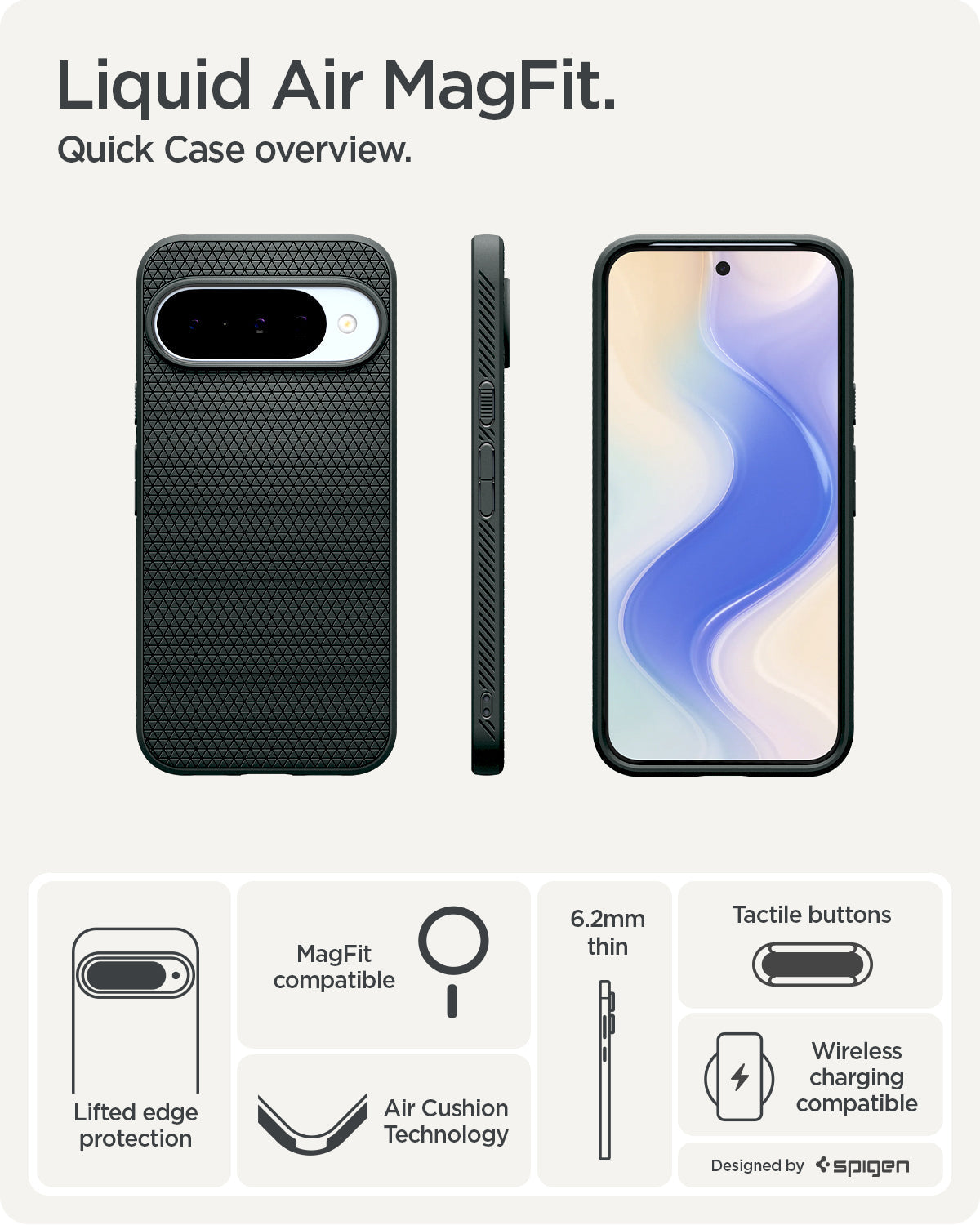 ACS09696 - Pixel 10 Pro Case Liquid Air (MagFit) in abyss green showing the quick case overview. Lifted edge protection, MagFit compatible, Aircushion technology, slim design, tactile buttons and wireless charging compatible