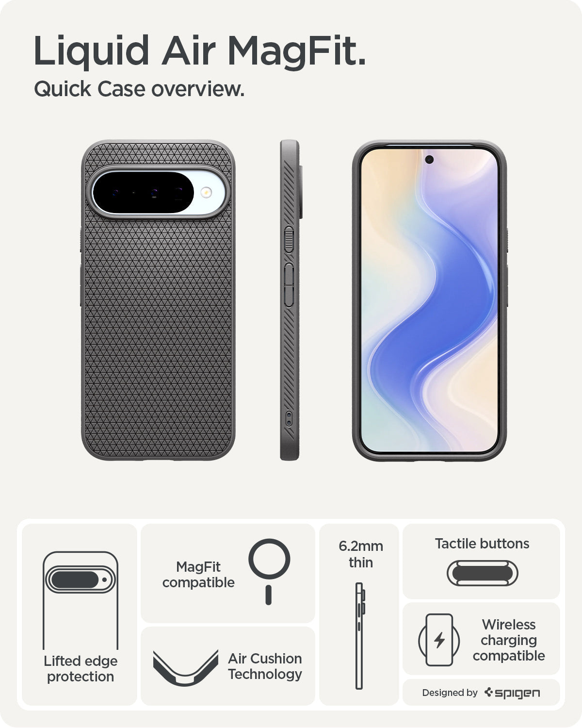 ACS09697 - Pixel 10 Pro Case Liquid Air (MagFit) in gray showing the quick case overview. Lifted edge protection, MagFit compatible, Aircushion technology, slim design, tactile buttons and wireless charging compatible