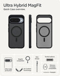 ACS09703 - Pixel 10 / Pixel 10 Pro Case Ultra Hybrid Metal Ring (MagFit) in frost black showing the quick case overview. Lifted edge protection, MagFit compatible, aircushion technology, slim design, tactile buttons and wireless charging compatible
