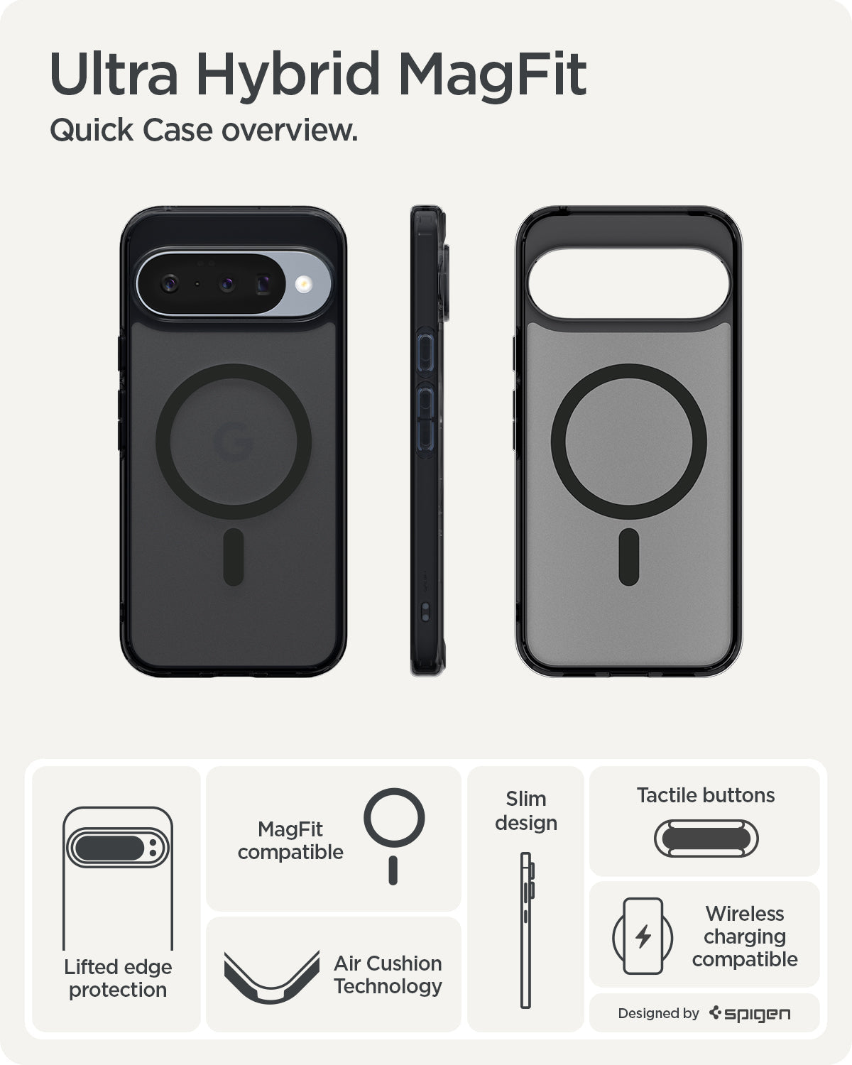 ACS09703 - Pixel 10 / Pixel 10 Pro Case Ultra Hybrid Metal Ring (MagFit) in frost black showing the quick case overview. Lifted edge protection, MagFit compatible, aircushion technology, slim design, tactile buttons and wireless charging compatible