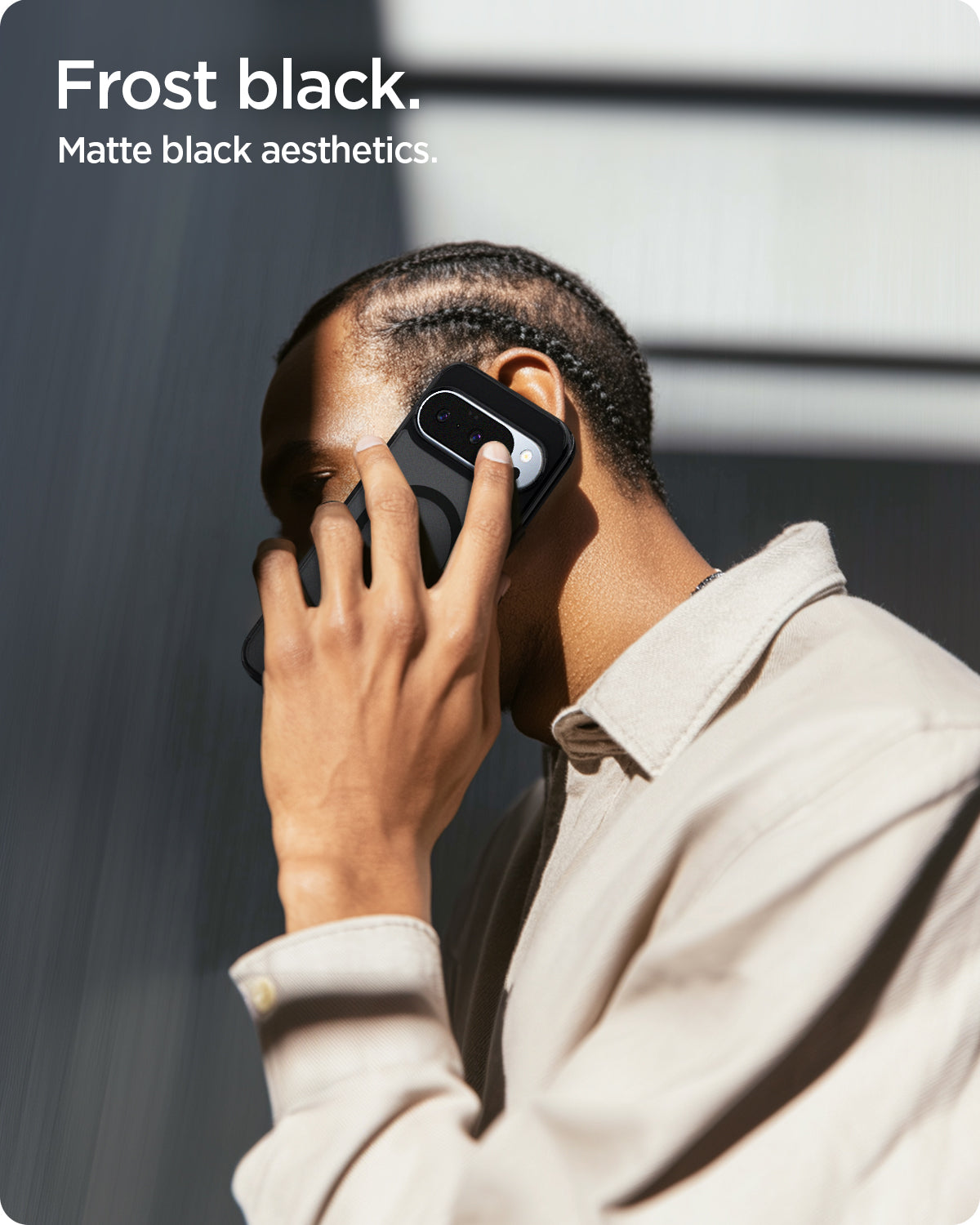 ACS09703 - Pixel 10 / Pixel 10 Pro Case Ultra Hybrid Metal Ring (MagFit) in frost black showing a man talking on the phone