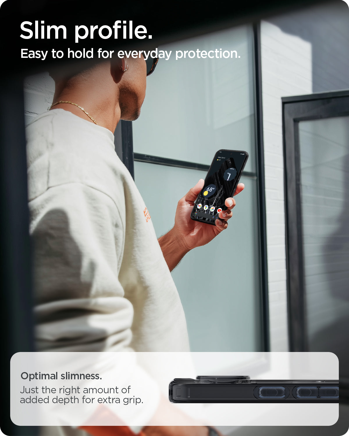 ACS09703 - Pixel 10 / Pixel 10 Pro Case Ultra Hybrid Metal Ring (MagFit) in frost black showing the slim profile. Easy to hold for everyday protection. Optimal slimness. Just the right amount of added depth for extra grip