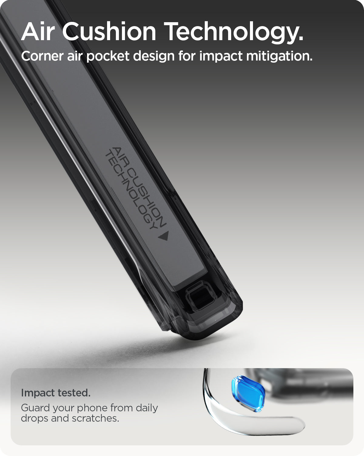 ACS09703 - Pixel 10 / Pixel 10 Pro Case Ultra Hybrid Metal Ring (MagFit) in frost black showing the aircushion technology. Corner air pocket design for impact mitigation. Impact tested. Guard your phone from daily drops and scratches.