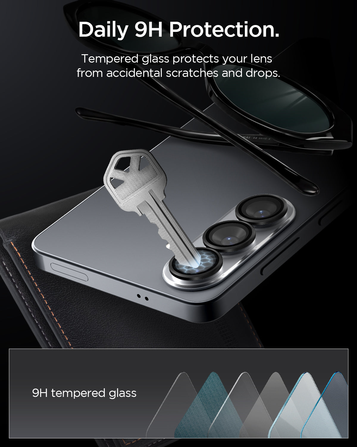 AGL11094 - Galaxy S26 Optik EZ Fit Lens Pro Protector showing daily 9h protection. tempered glass protects your lens from accidental scratches and drops