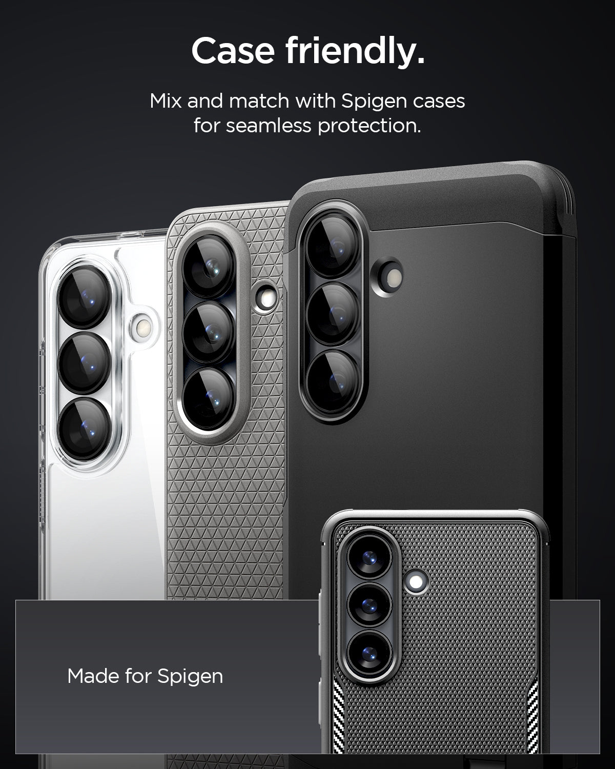 AGL11094 - Galaxy S26 Optik EZ Fit Lens Pro Protector showing case friendly. mix and match with spigen cases for seamless protection