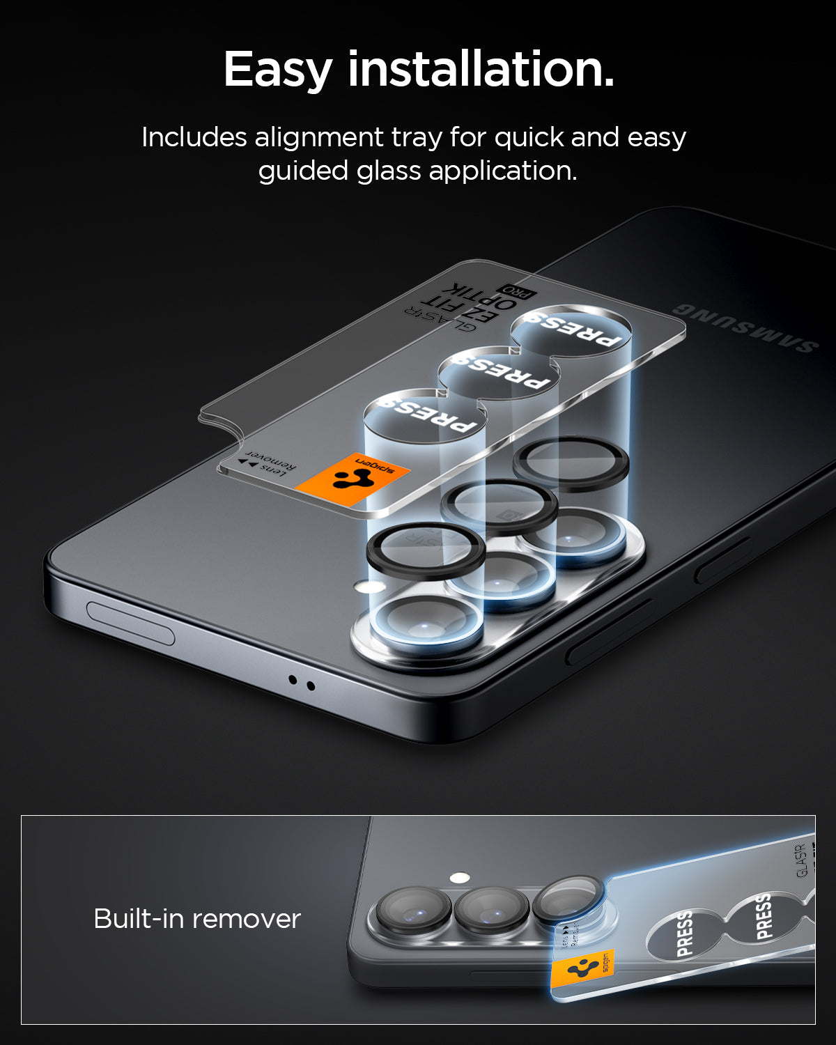 AGL11082 - Galaxy S26 Plus Optik EZ Fit Lens Pro Protector showing the easy to install. Includes alignment tray for quick and easy guided glass application