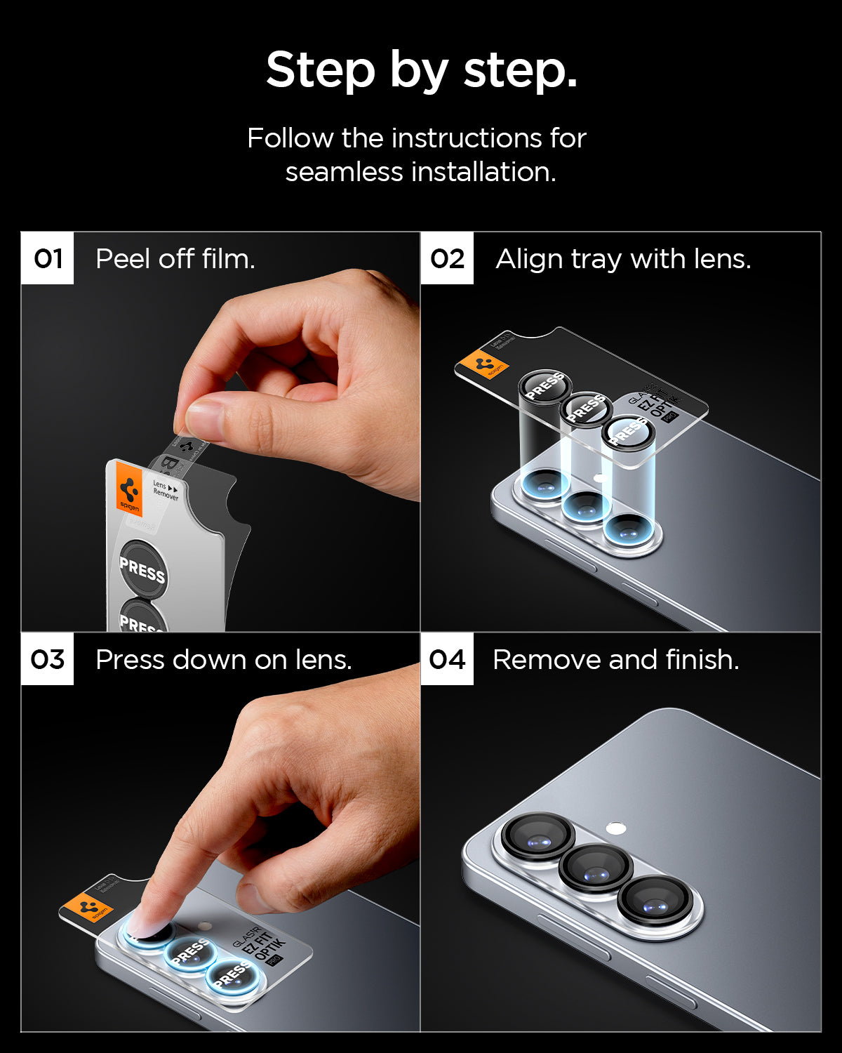 AGL11082 - Galaxy S26 Plus Optik EZ Fit Lens Pro Protector showing step by step follow the instructions for seamless installation