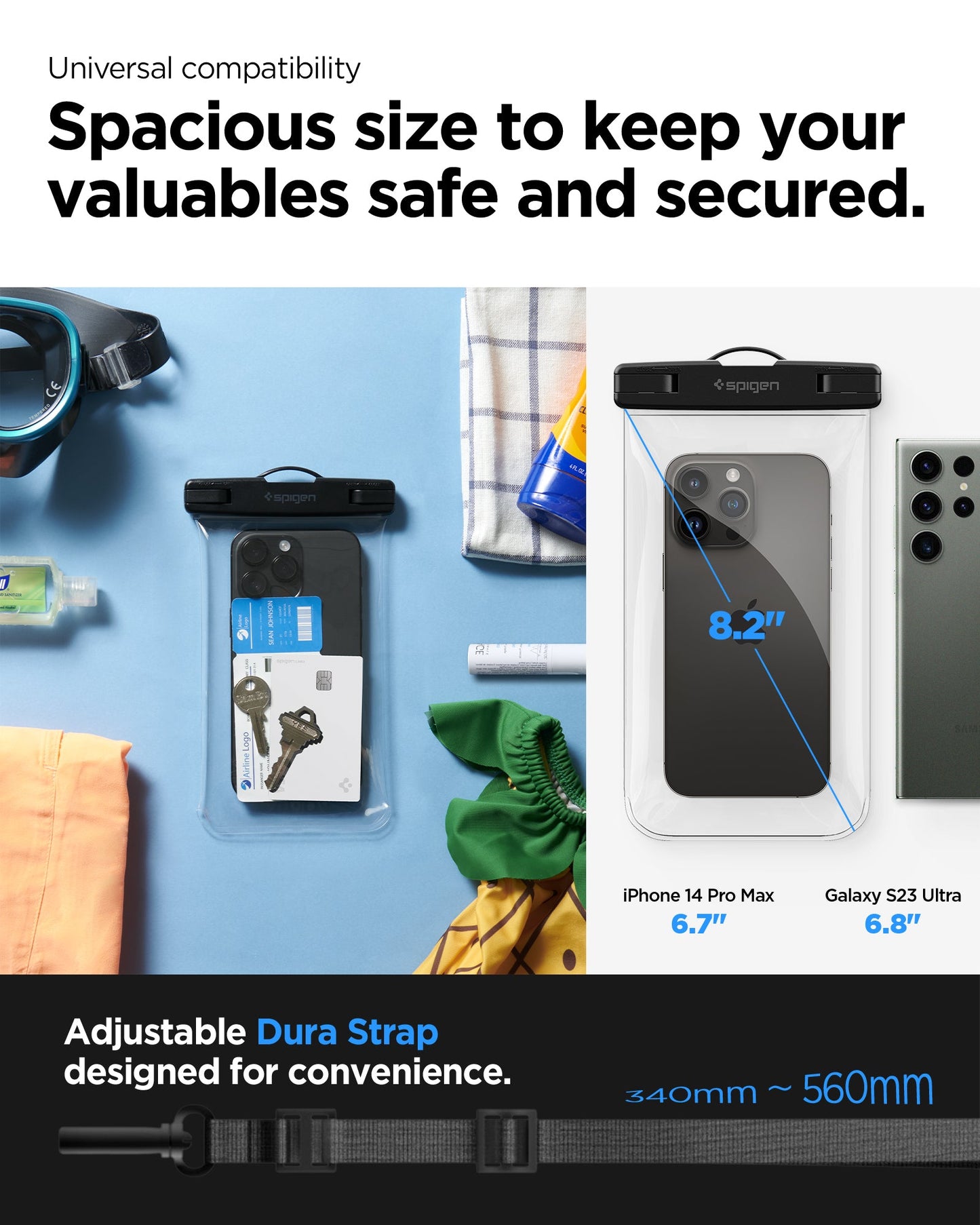 AMP04526 - AquaShield Waterproof Case A601 in Crystal Clear showing the universal compatibility, spacious size to keep your valuables safe and secured, adjustable dura strap designed for convenience with 340mm - 560mm in length