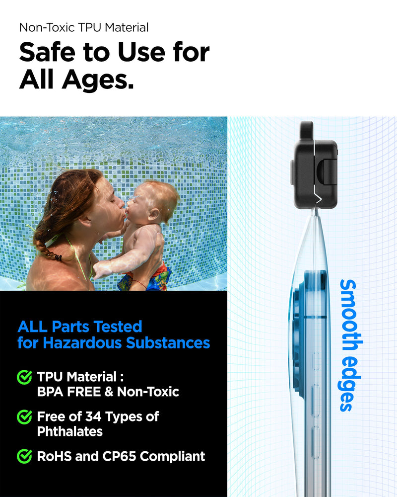 AMP04526 - AquaShield Waterproof Case A601 in Crystal Clear showing the non-toxic TPU material, safe to use for all ages, all parts tested for hazardous substance, BPA Free, Free of 34 types of phthalates, RoHS and CP65 compliant