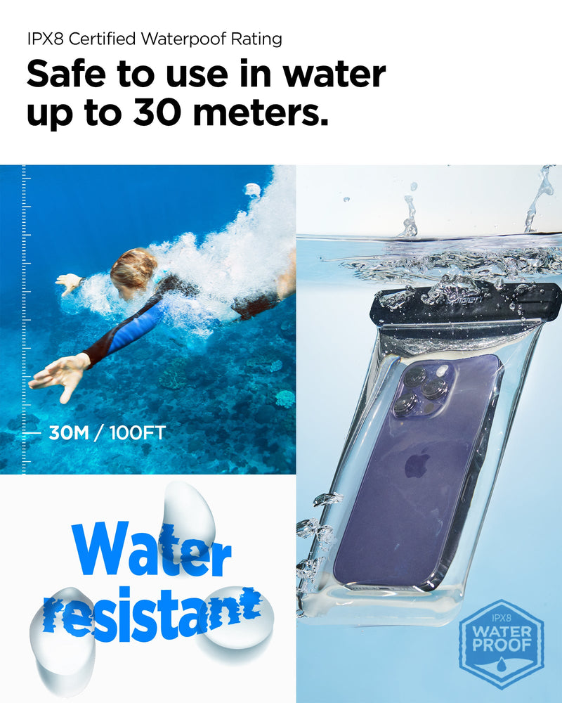 AMP04526 - AquaShield Waterproof Case A601 in Crystal Clear showing the IPX8 Certified Waterproof Rating, safe to use in water up to 30M/100FT water resistant