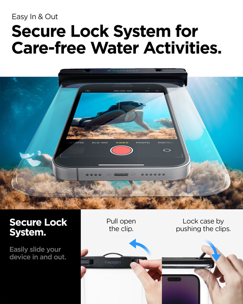 AMP04526 - AquaShield Waterproof Case A601 in Crystal Clear showing the secure lock system for care-free water activities, easily slide your device in and out