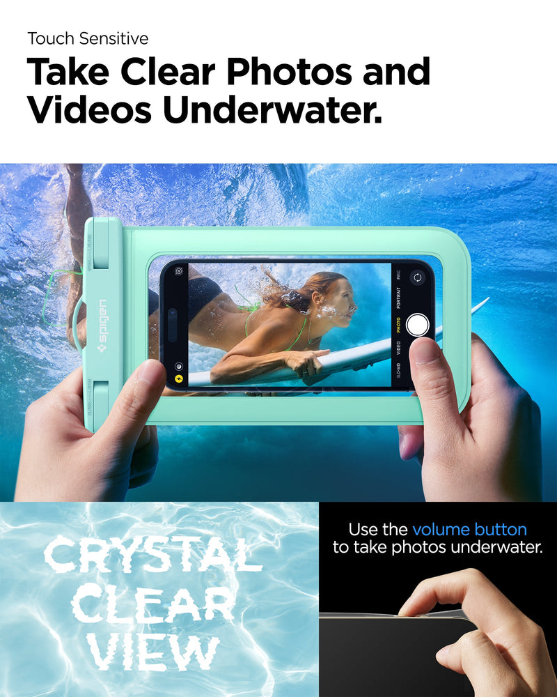 ACS06015 - AquaShield Waterproof Case (2 Pack) A601 in Mint showing the touch sensitivity, can take clear photos and videos underwater, use volume button to take photos underwater