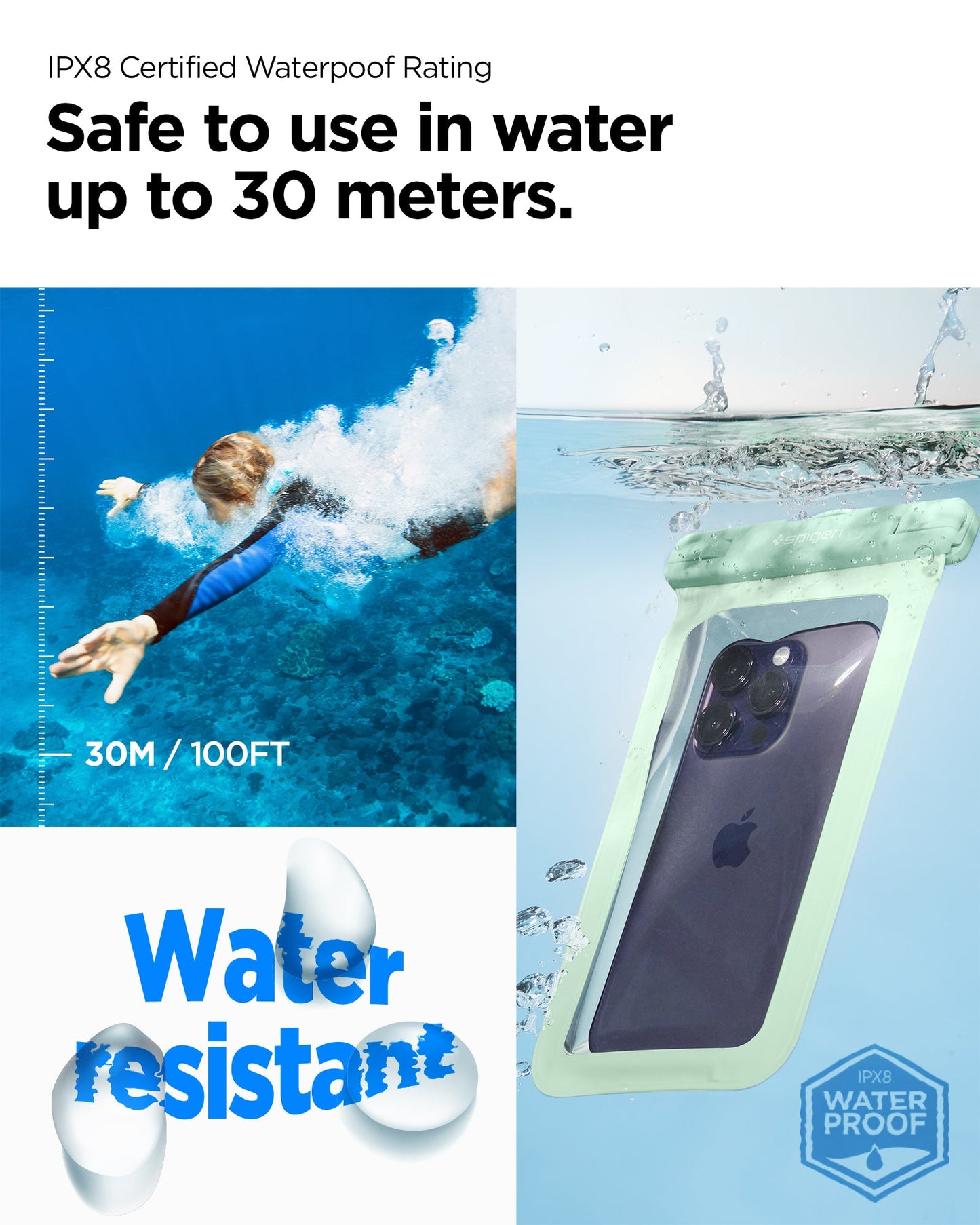 ACS06015 - AquaShield Waterproof Case (2 Pack) A601 in Mint showing the IPX8 Certified Waterproof Rating, safe to use in water up to 30M/100FT water resistant