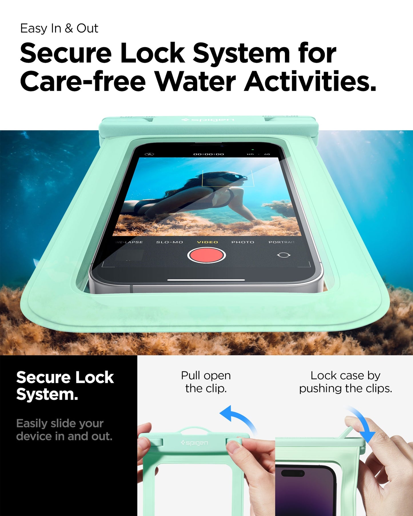 ACS06015 - AquaShield Waterproof Case (2 Pack) A601 in Mint showing the secure lock system for care-free water activities, easily slide your device in and out