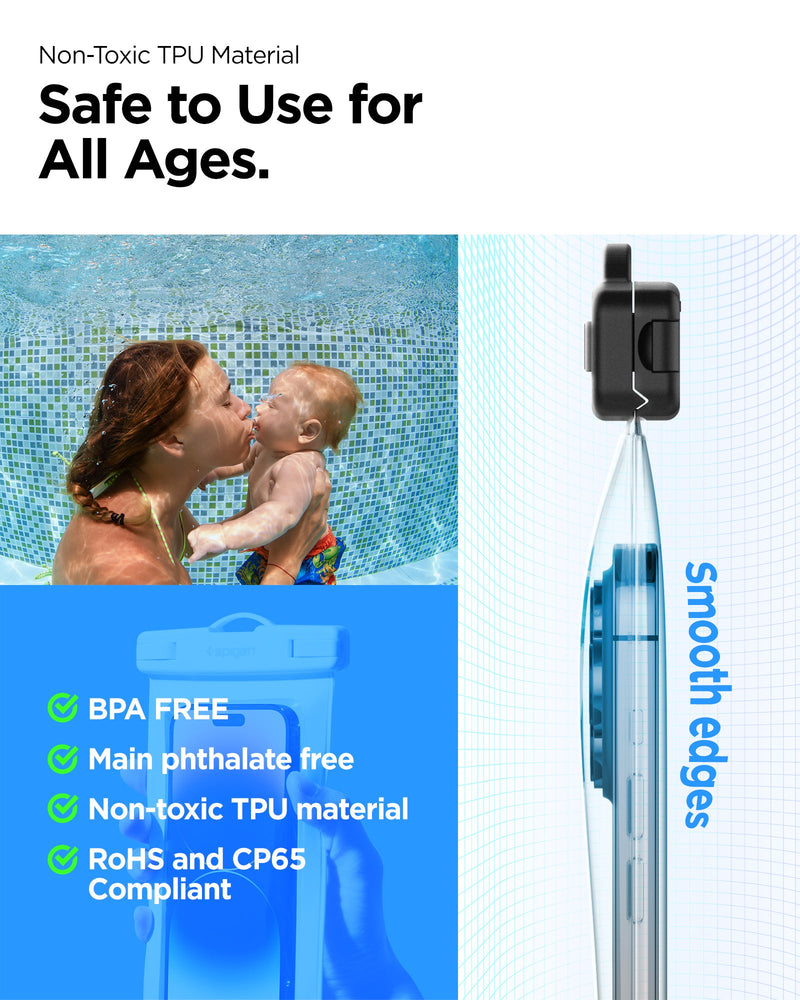 ACS06013 - AquaShield Waterproof Case (2 Pack) A601 in Crystal Clear showing the non-toxic TPU material, safe to use for all ages, all parts tested for hazardous substance, BPA Free, Free of 34 types of phthalates, RoHS and CP65 compliant