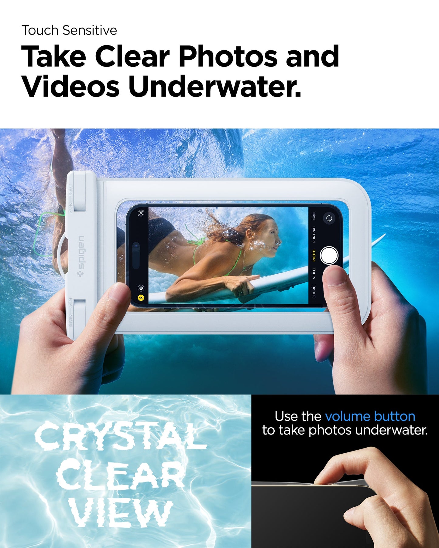 ACS06006 - AquaShield Waterproof Case A601 in White showing the touch sensitivity, can take clear photos and videos underwater, use volume button to take photos underwater