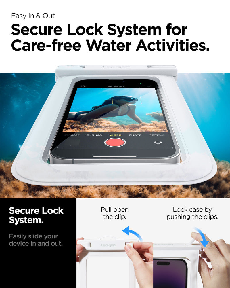 ACS06006 - AquaShield Waterproof Case A601 in White showing the secure lock system for care-free water activities, easily slide your device in and out