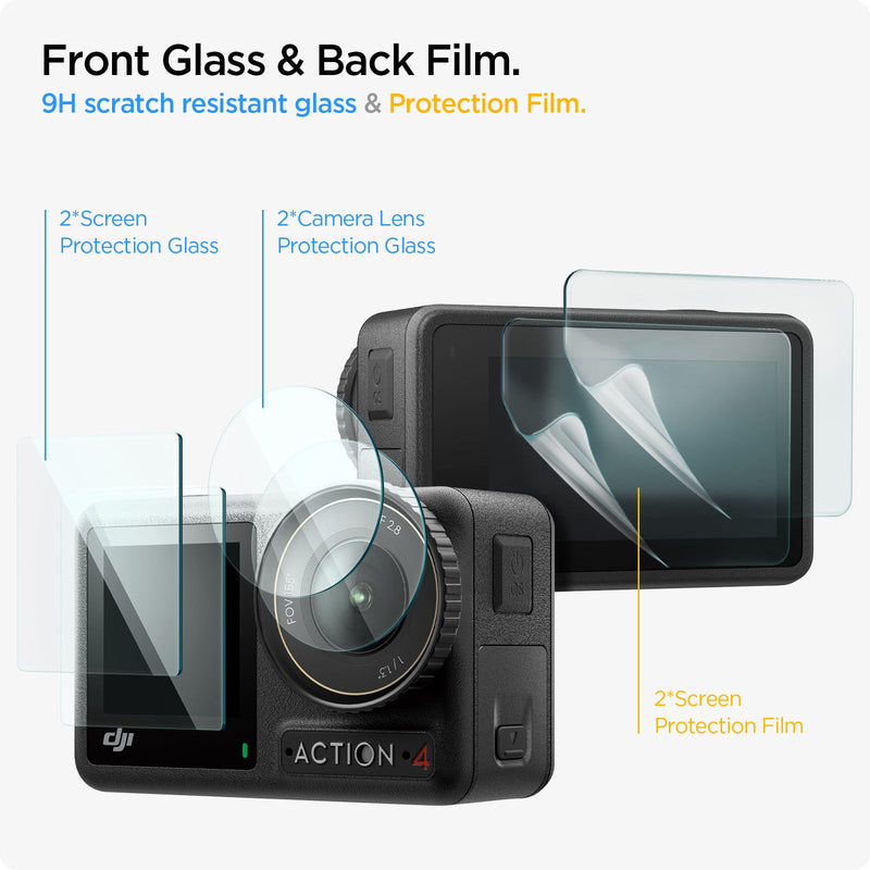 AGL07445 - DJI Osmo Action 4 Screen Protector EZ FIT GLAS.tR showing the front glass & back fiim, 9H scratch resistant glass & protection film, 2*Screen Protection Glass, 2*Camera Lens Protection Glass, 2*Screen Protection Film