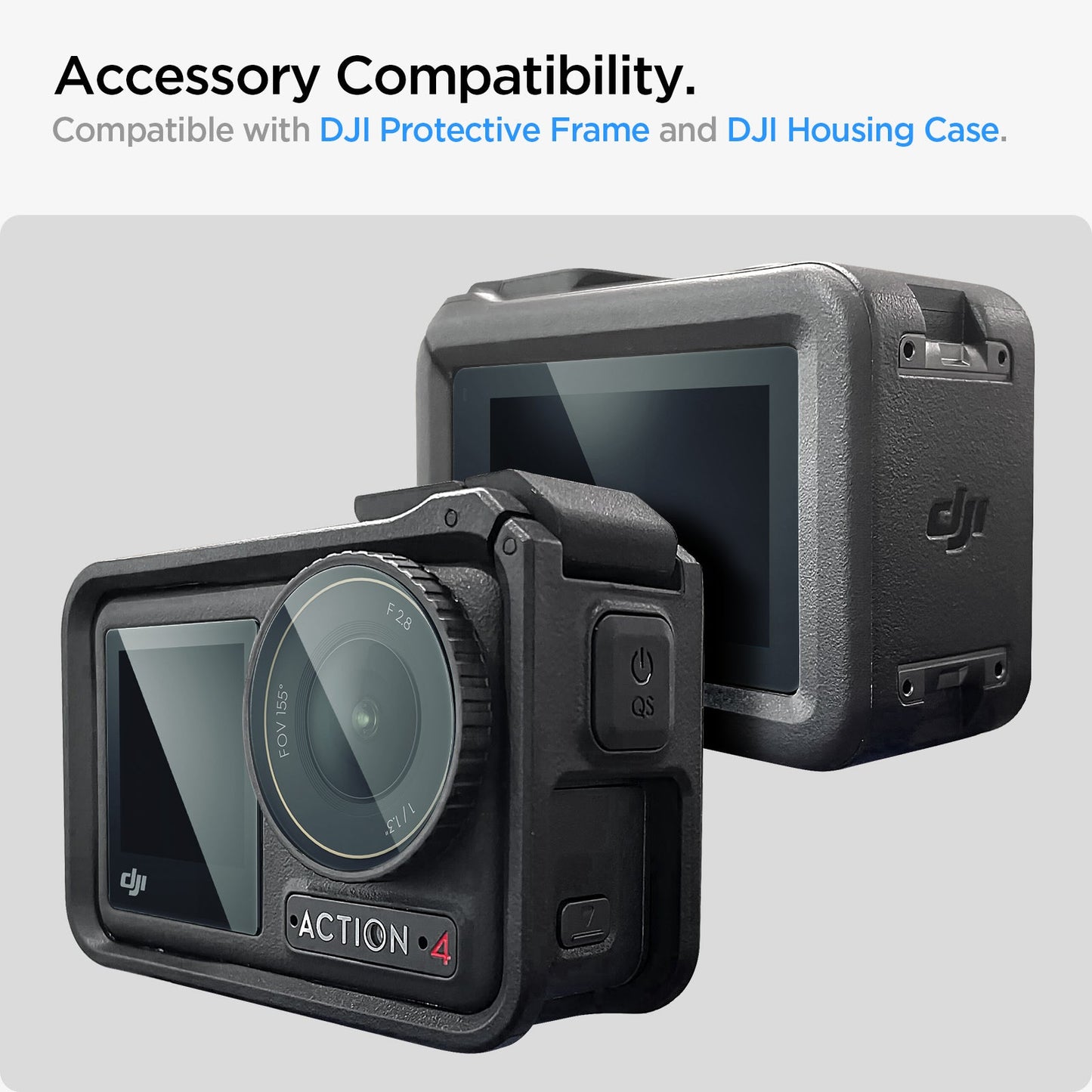 AGL07445 - DJI Osmo Action 4 Screen Protector EZ FIT GLAS.tR showing the accessory compatibility, compatible wih DJI Protective Frame and DJI Housing Case