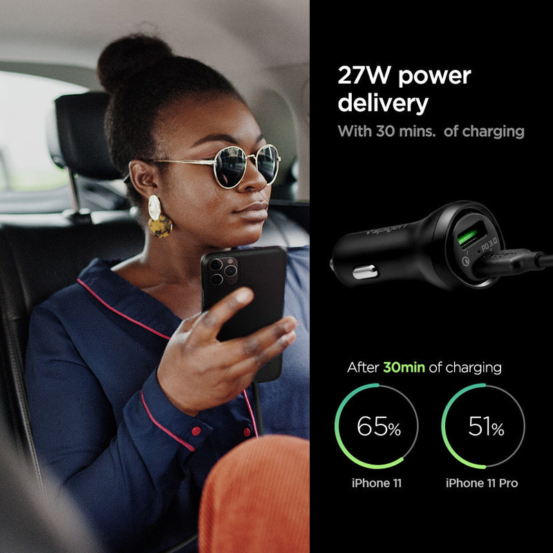 000CP25597 - Essential® Dual Port 27W F31QC in Black showing the 27W power delivery with 30 mins. of charging  After 30min of charging comparison, iPhone 11 with 65% while iPhone 11 Pro with 51%, A woman holding a device inside the car