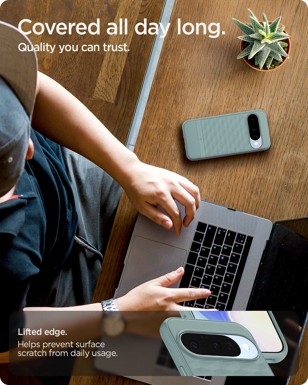 ACS09709 - Pixel 10 Pixel 10 Pro in sage green showing the lifted edge. Helps prevent surface scratch from daily usage. Covered all day long. Quality you can trust.